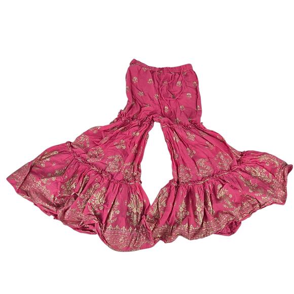 Girls 8-9 Extra Wide Bell Bottom Pull-On Pants Pink Gold Ruffle Tiered Dance - Picture 1 of 5